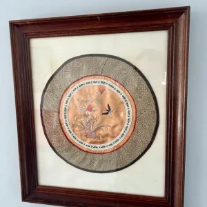 Vintage Chinese Silk Embroidery with Butterfly and Flowers – Framed - Image 2