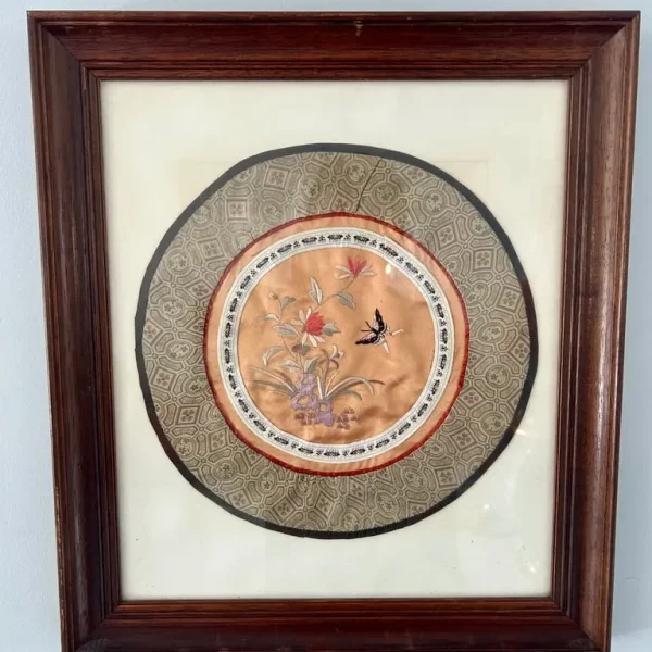 Vintage Chinese Silk Embroidery with Butterfly and Flowers – Framed