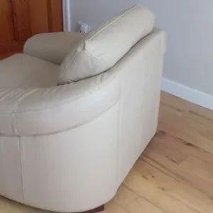 Cream leather sofa and armchair with stool - Image 2