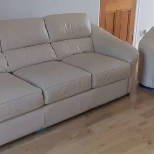 Cream leather sofa and armchair with stool - Image 3