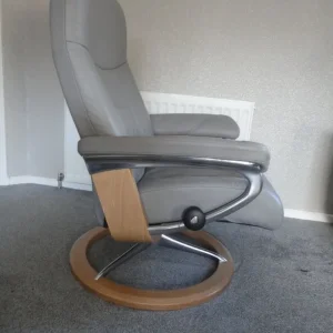 Ekornes Stressless large grey leather consul recliner with footstool - Image 8