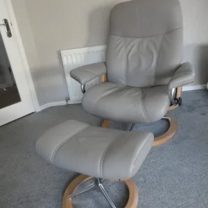 Ekornes Stressless large grey leather consul recliner with footstool