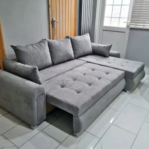 Berlin sofa bed, grey velvet, 3-seater with storage and cup holders