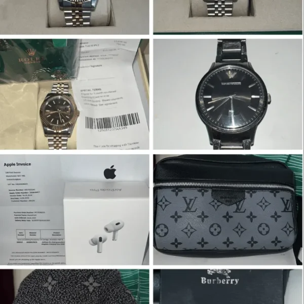 Armani watch, LV beanie, AirPods, Burberry wallet