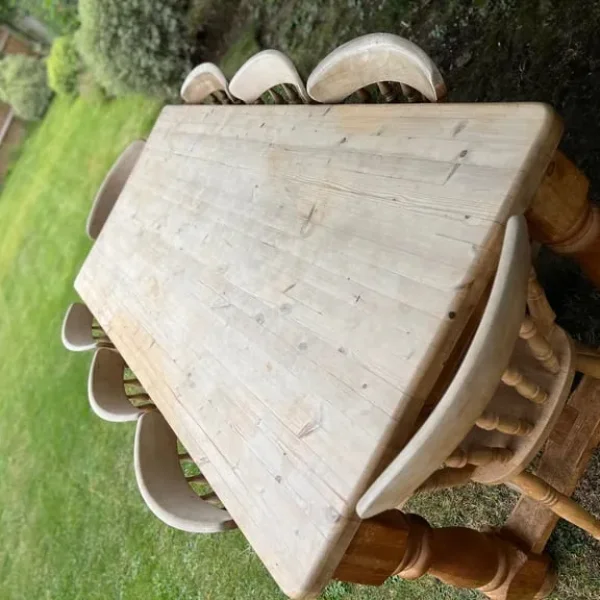 Large 7ft pine vintage farmhouse dining table with 8 matching chairs