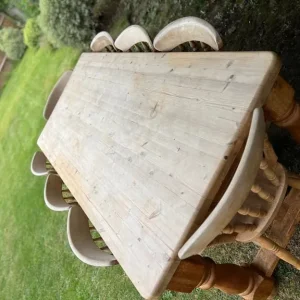 Large 7ft pine vintage farmhouse dining table with 8 matching chairs