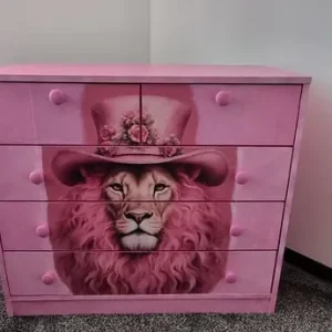 Pink Lion Dresser with Hand-Painted Floral Hat