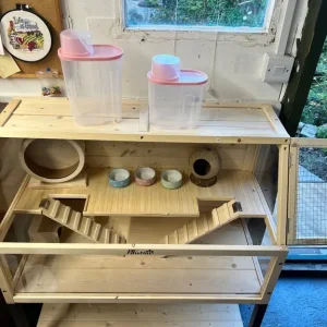 Wooden hamster cage with shelf and wheels - Image 2