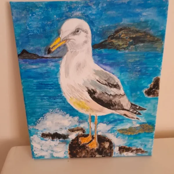 Hand painted art mixed media seascape bird seagull canvas