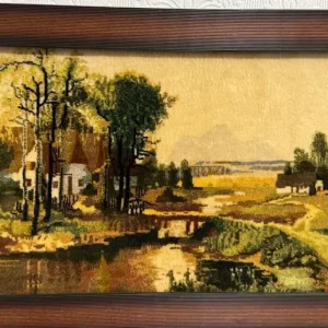 Vintage handmade Persian wool rug with frame