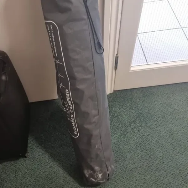 Single camp bed, self inflating mattress and single sleeping bag