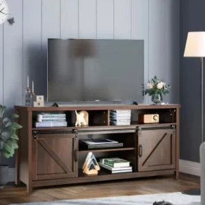 Rustic dark brown TV stand with sliding barn doors