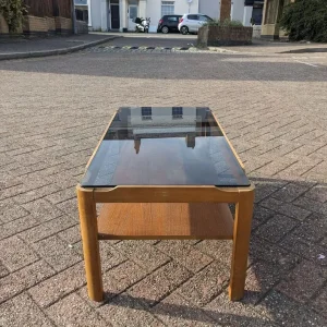 Myer Mid Century Coffee Table Teak & Smoked Glass Two Tier - Image 2
