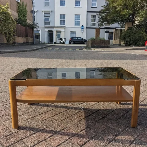 Myer Mid Century Coffee Table Teak & Smoked Glass Two Tier
