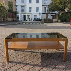 Myer Mid Century Coffee Table Teak & Smoked Glass Two Tier