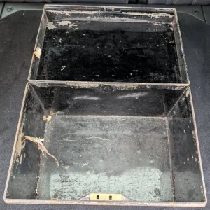Vintage Black Metal Trunk with Address Inside - Image 2