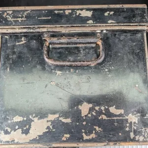 Vintage Black Metal Trunk with Address Inside - Image 4