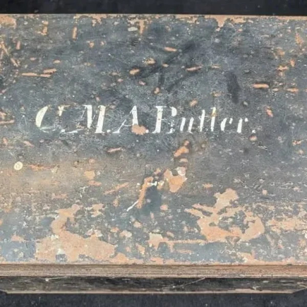 Vintage Black Metal Trunk with Address Inside