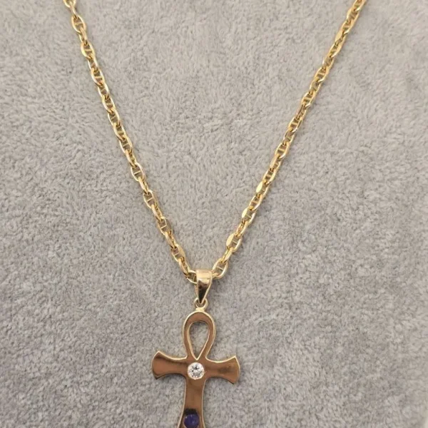 14ct Gold Anchor-Link Chain with Diamond and Tanzanite Cross