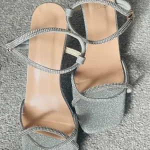 Womens Silver Heels Sandals with Rhinestones - Image 5