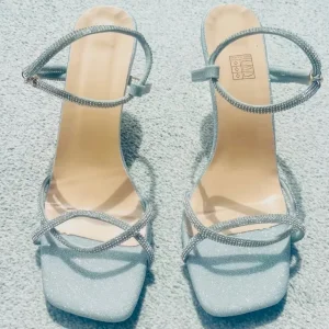 Womens Silver Heels Sandals with Rhinestones