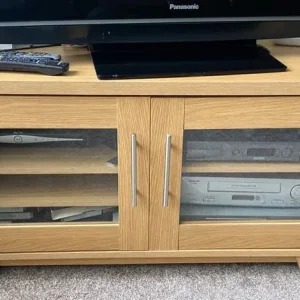 TV TELEVISION UNIT LIGHT OAK GLASS DOORS - Image 2