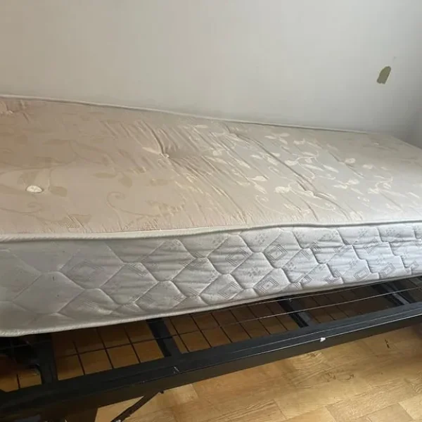 As-New Black Metal Bed / Futon (Foldable) with New Ortopedic Single Mattress