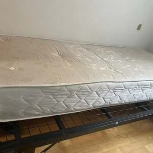 As-New Black Metal Bed / Futon (Foldable) with New Ortopedic Single Mattress
