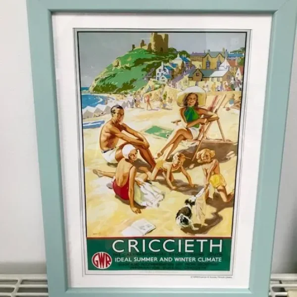VINTAGE WELSH SEASIDE TRAVEL POSTER, CRICCIETH, GWR TRAIN ADVERT, FRAMED