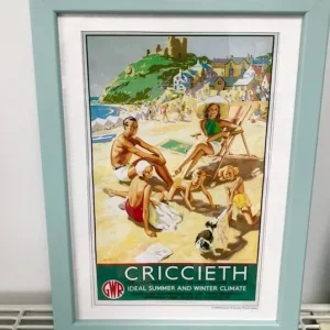 VINTAGE WELSH SEASIDE TRAVEL POSTER, CRICCIETH, GWR TRAIN ADVERT, FRAMED