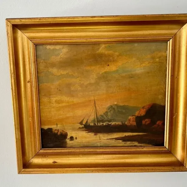 Sailing Boat at Low Tide – 19th Century Oil on Canvas