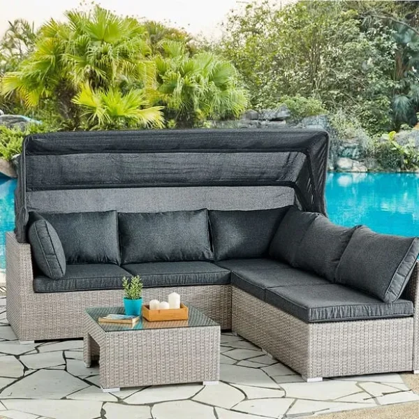 NEW 5 Seater Modular Sunbed Garden Sofa Set, Grey Rattan