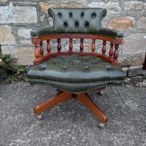 Vintage Green Leather Chesterfield Style Swivel Captains Chair - Image 2