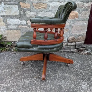 Vintage Green Leather Chesterfield Style Swivel Captains Chair - Image 3