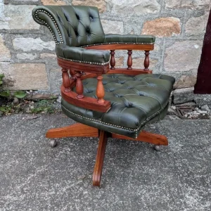 Vintage Green Leather Chesterfield Style Swivel Captains Chair - Image 5