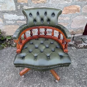 Vintage Green Leather Chesterfield Style Swivel Captains Chair