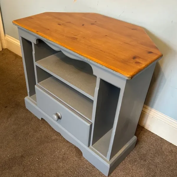 Solid Pine Painted Grey Pine TV Unit Nice Detail H25.5in/65cm W30in/76cm D18in 46cm W051