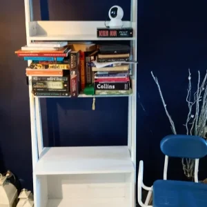 White free standing book shelves