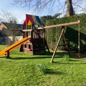 Wooden climbing frame with slide, swing and playhouse - Image 2