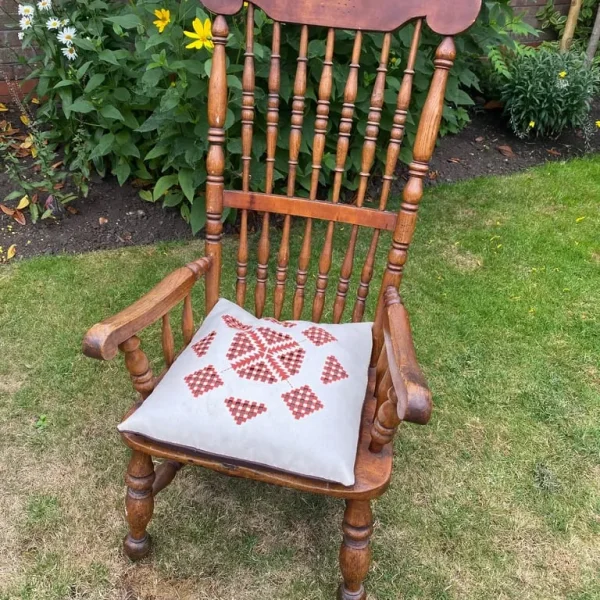 Vintage Wooden Low Spindle Back Chair & Cushion