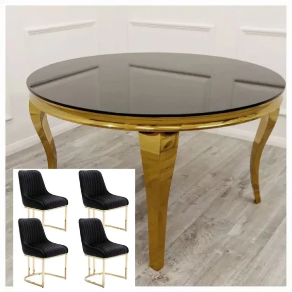 Brand new Louis black and gold dining table with four matching chairs.. can deliver