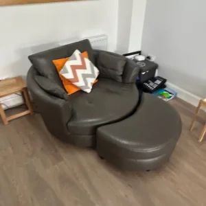 L shaped sofa, Cuddle chair & puffe