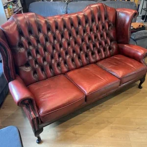 Chesterfield sofa - Queen Anne high wing back three seater, decent condition - oxblood ox blood red - Image 2