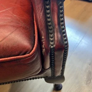 Chesterfield sofa - Queen Anne high wing back three seater, decent condition - oxblood ox blood red - Image 5