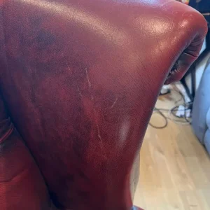 Chesterfield sofa - Queen Anne high wing back three seater, decent condition - oxblood ox blood red - Image 6