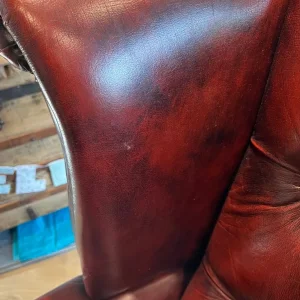 Chesterfield sofa - Queen Anne high wing back three seater, decent condition - oxblood ox blood red - Image 7