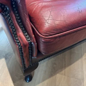 Chesterfield sofa - Queen Anne high wing back three seater, decent condition - oxblood ox blood red - Image 8