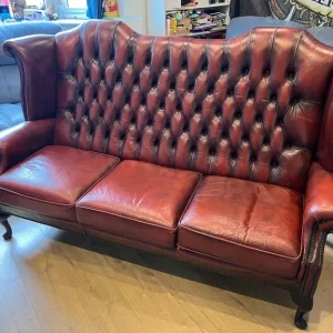 Chesterfield sofa - Queen Anne high wing back three seater, decent condition - oxblood ox blood red