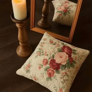 🌸 Vintage Floral Cushion, Rustic Wooden Candlestick & Pine Mirror – Cozy Display Trio
