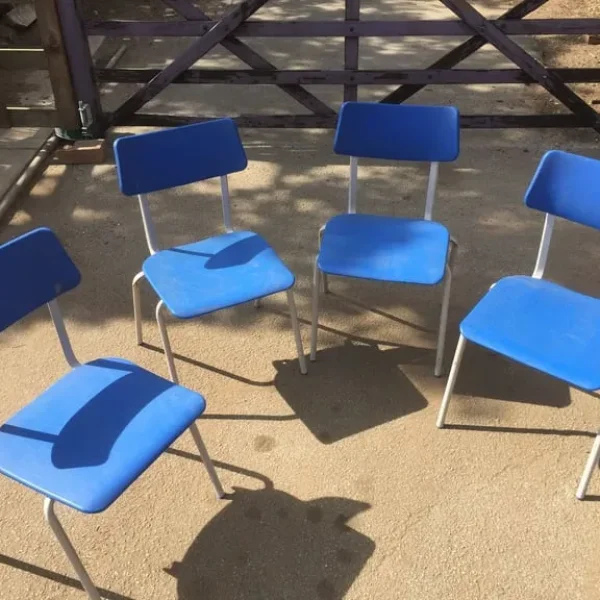 Set of 4 - childrens stacking chairs, metal frames + plastic seat and back -